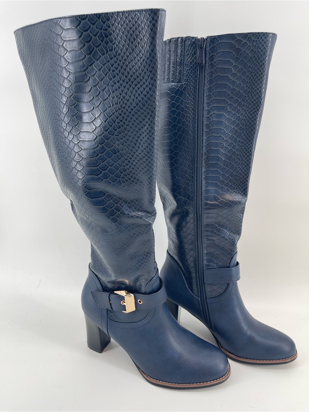 Ann Creek Women's Navy Knee-High Block Heeled Boots Faux Leather Animal 9M Easy